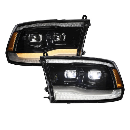 Pair of FORM Lighting sequential LED projector headlights for 2009-2018 Ram 1500, 2500, and 3500 trucks, showing clear LED light modules.