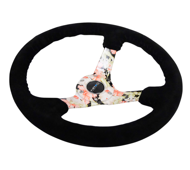 NRG reinforced steering wheel with 350mm black suede floral dipped design and black baseball stitching, 3-inch deep for sporty grip.