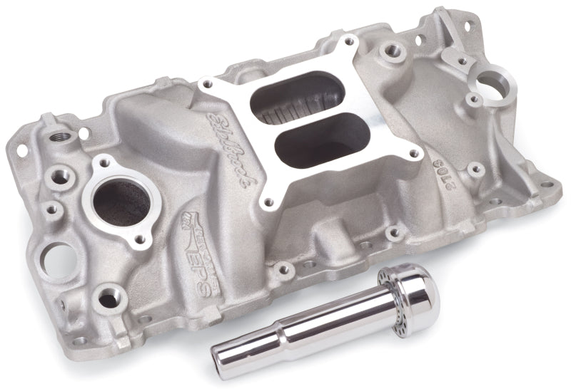Edelbrock Performer EPS intake manifold with oil fill tube and breather for small-block Chevy engine, shown from a top perspective.