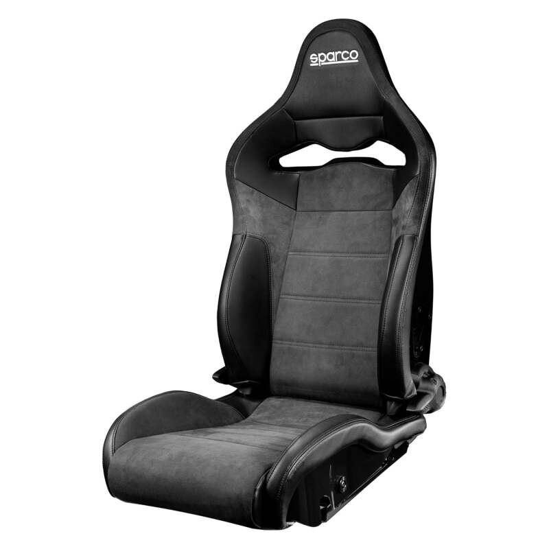 Black Sparco SP-R race seat with white logo, racing seat designed for performance driving and support.