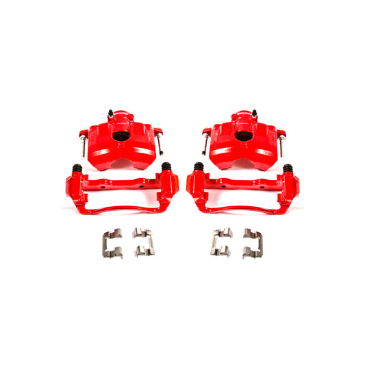 Pair of PowerStop front red performance brake calipers with brackets for 2008-2011 Ford Focus, showing the calipers mounted on the vehicle.
