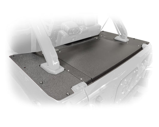 DV8 Offroad Jeep Wrangler JL 2018+ rear tailgate storage cover, 4-door offroad tailgate accessory, durable and functional design.