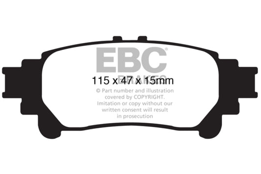 EBC 13+ Lexus GS350 3.5 RWD Redstuff performance rear brake pads showing red friction material and metal backing plates.
