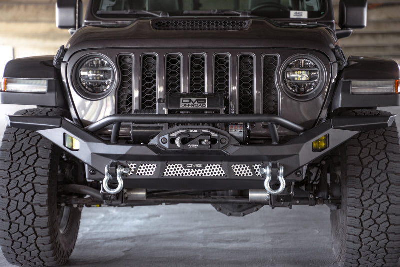 Steel front bumper for Jeep Wrangler JK, JL, and Gladiator JT by DV8 Offroad, featuring rugged off-road design.