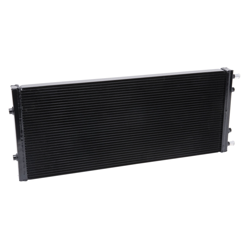 Edelbrock dual pass intercooler with 55,000 Btu/hr capacity, black finish, 34x14-inch dimensions, for automotive cooling.