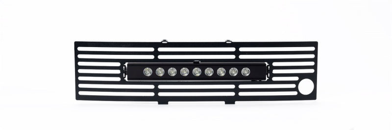 Putco black grille insert for 2011-2014 Ford F-150 EcoBoost with 10-inch Luminix light bar, vehicle front bumper upgrade.