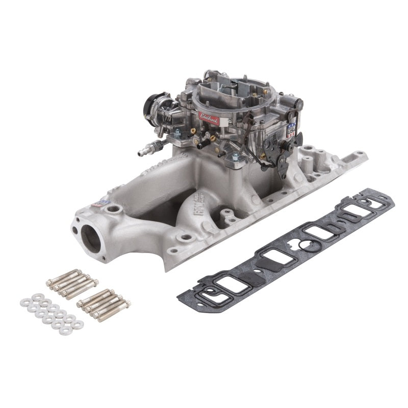 Edelbrock Performer RPM Air-Gap intake manifold and carb kit for small block Ford 289-302 engines in natural finish.