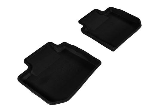 Black 3D MAXpider rubber floor mats for 2012-2019 Subaru Impreza, XV Crosstrek, WRX, and STI second row interior.