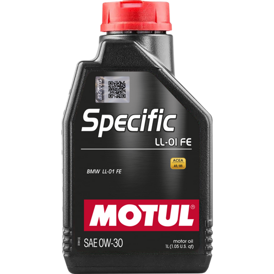 Motul 1L Specific LL-01 FE 0W30 motor oil bottle, high-performance engine oil for car lubrication and protection.