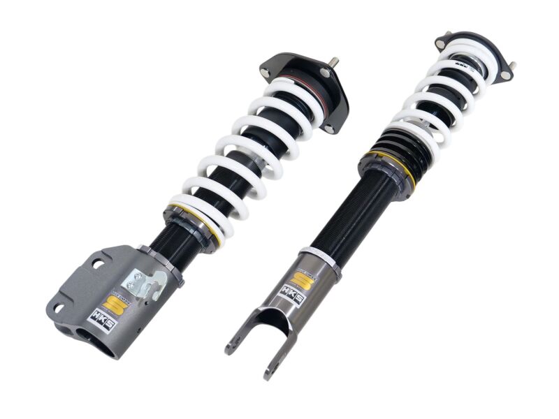 HKS HIPERMAX S coilover kit for CT9A Mitsubishi Lancer Evolution, showing adjustable shock absorbers and coil springs.