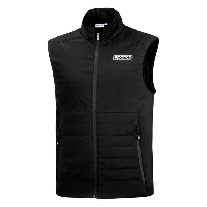 Black Sparco XS textile vest with front zipper and lightweight design, ideal for racing or casual wear.