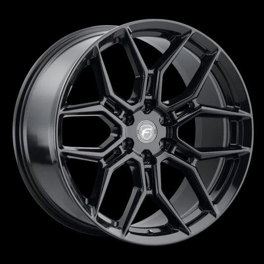 Forgestar X12 22x10 cast wheel in gloss black with 6x135 bolt pattern, ET30 offset, and 6.68-inch backspacing.
