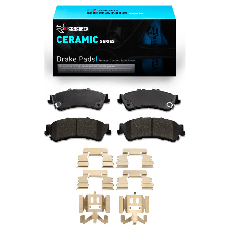 R1 Concepts ceramic rear brake pads and hardware kit for Cadillac Deville 1999-2011, OE quality replacement brake system component