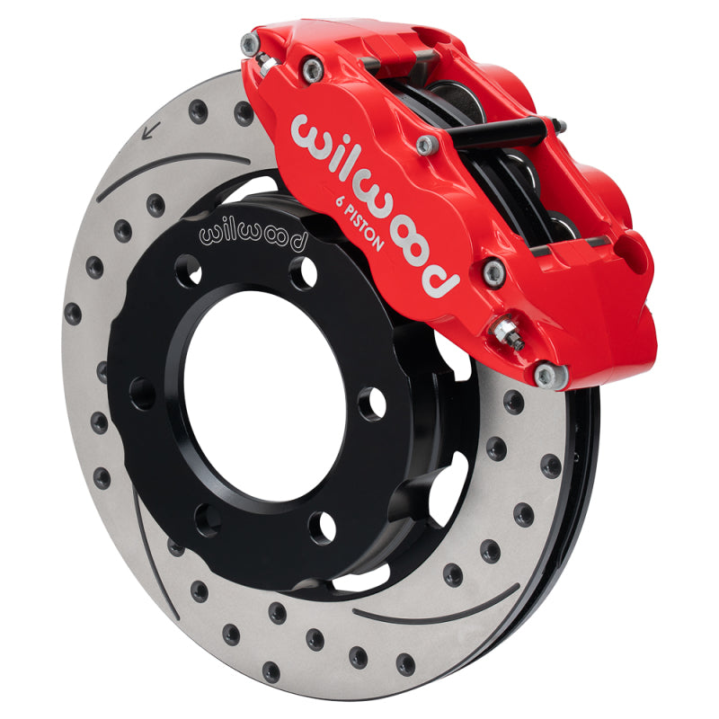 Wilwood forged Dynalite front brake kit for Chevy Blazer 71-91 with 12.19-inch drilled and slotted rotors in red.