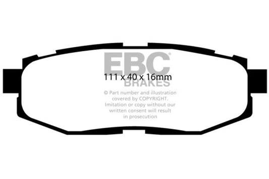 EBC 12+ Scion FR-S Ultimax2 rear brake pads, OE style, with black friction material and metal backing plate.
