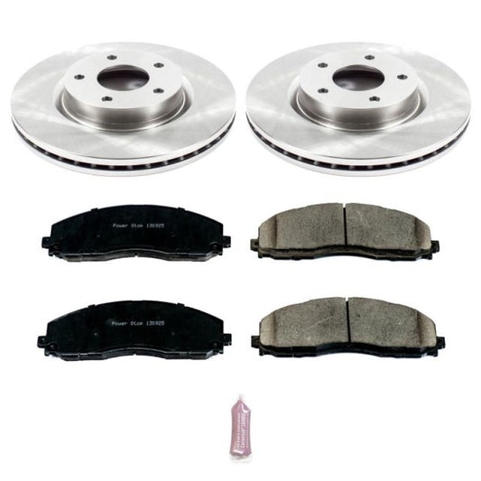 PowerStop OE front brake kit for 2013-2018 Nissan Altima, including brake rotors and pads, installed on the vehicle.