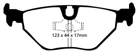 EBC Redstuff rear brake pads for BMW M3 E30 2.3 (1987-1991) performance brake replacement, showing red brake pad material.
