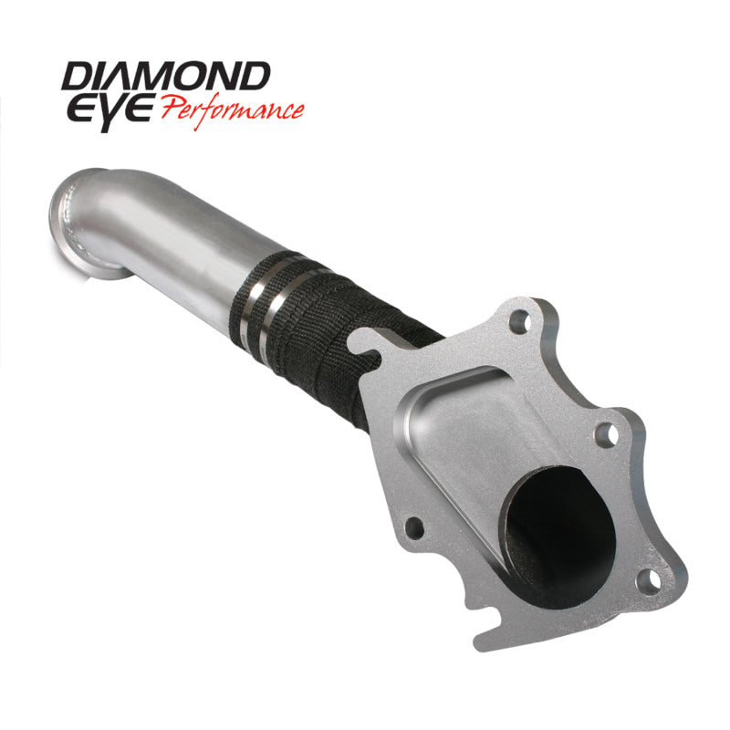 Diamond Eye Performance turbo-downpipe for Chevy LB7 Duramax 01-04 with F pipe and trans dipstick modification, black metal finish.