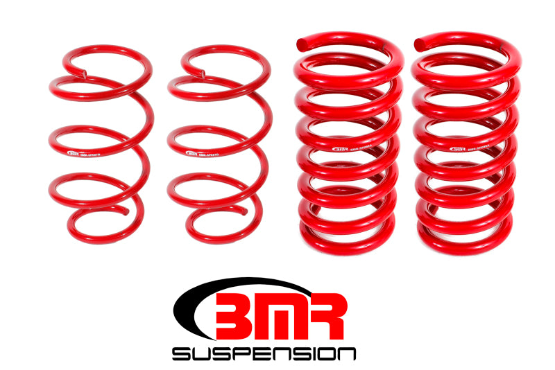 Set of four BMR Suspension red lowering springs for 2015-2017 Ford Mustang S550 drag version, enhancing stance and performance.