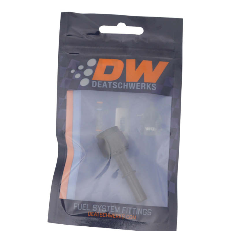 DeatschWerks 6AN female flare swivel fitting with 5/16 inch male EFI quick disconnect, matte black anodized fuel component.