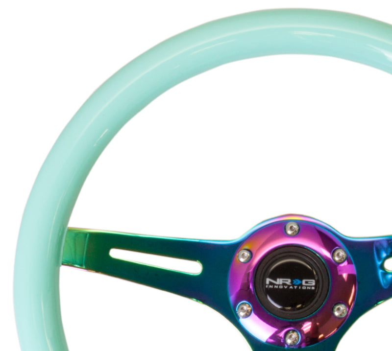NRG Classic wood grain steering wheel, 350mm minty fresh color with neochrome 3-spoke center, designed for automotive enthusiasts.