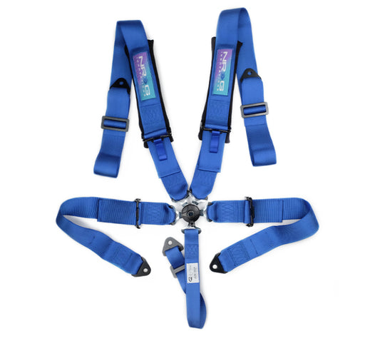 Blue NRG 5-point 3-inch seat belt harness with cam lock for racing and safety applications.