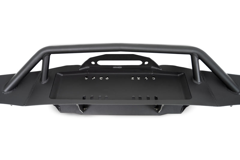 Steel front bumper from DV8 Offroad for Jeep Wrangler JK, JL, and Gladiator JT, featuring rugged off-road design and heavy-duty construction.
