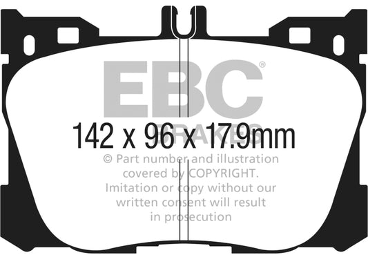 EBC Ultimax2 front brake pads for Mercedes-Benz E300 W213 2.0L Turbo, OE type, with metallic friction surface and mounting holes.