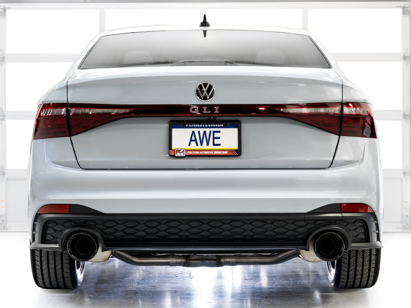 AWE Tuning Volkswagen Jetta GLI Track Edition catback exhaust with diamond black tips, showcasing sleek stainless steel design.