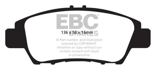 EBC Redstuff front brake pads for Honda CR-Z 1.5L hybrid, performance brake pads in red with metal backing plates.