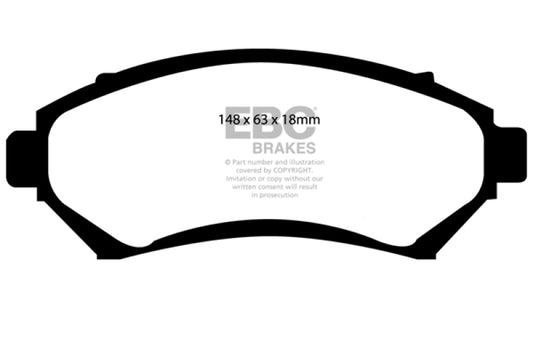 EBC Redstuff front brake pads for Buick Century 3.1, performance brake pads with red friction material, shown from the front view.