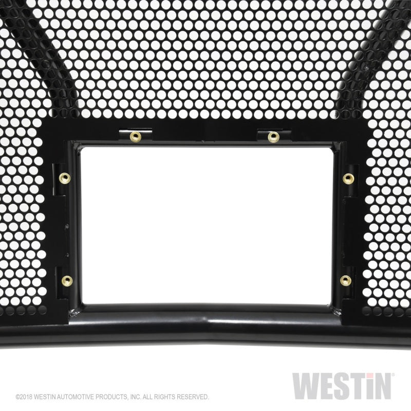 Westin HDX grille guard in black for Ford F-250/F-350 2017-2019 with front camera protection, rugged steel construction.