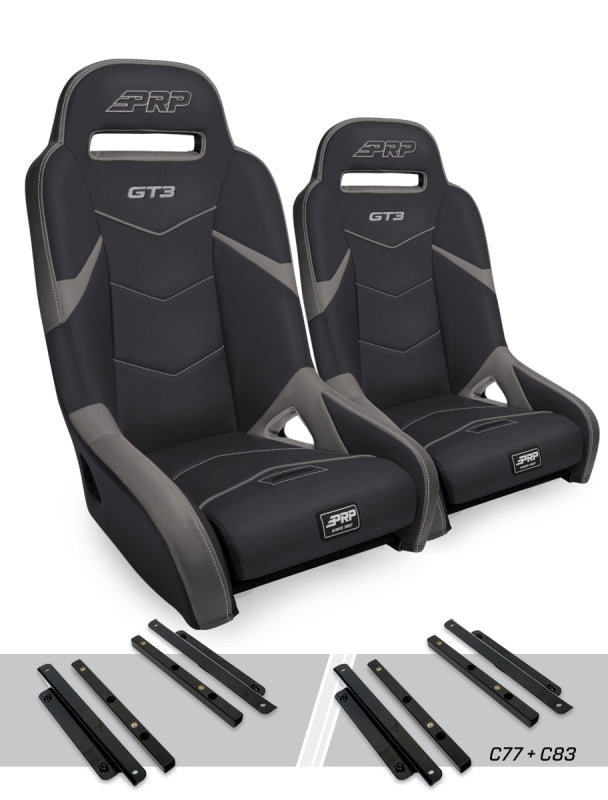 Pair of black and gray PRP Polaris General GT3 suspension seats showing detailed fabric and mounting hardware.