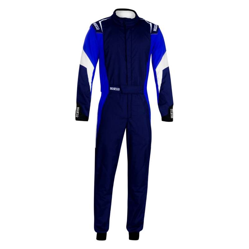 Navy and blue Sparco competition racing suit with branding, designed for motorsport performance and safety.