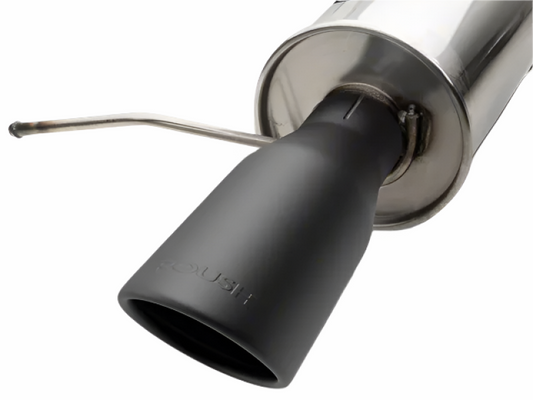 Roush black tip axle back exhaust for 2011-2014 Mustang GT showing dual black exhaust tips and polished chrome finish