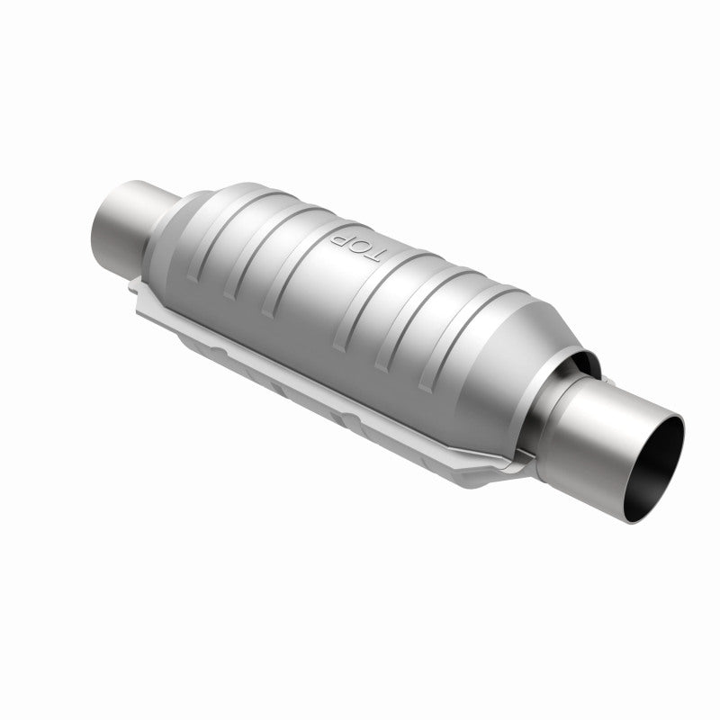 MagnaFlow universal catalytic converter with 2-inch inlet and outlet, 11-inch stainless steel body, durable automotive emission part.