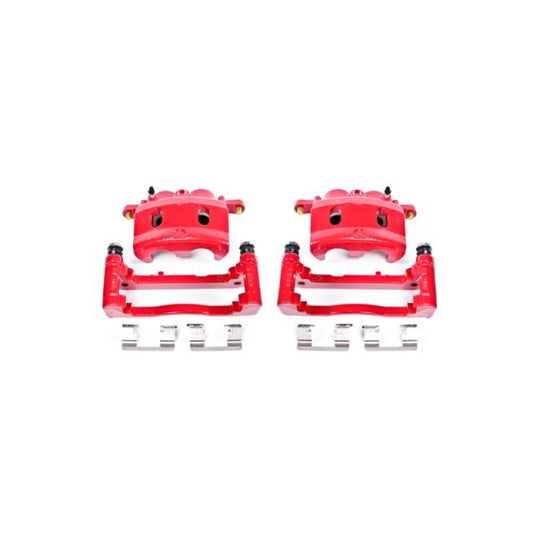 Pair of PowerStop red front brake calipers with brackets for 2007-2008 Cadillac Escalade, performance brake calipers.