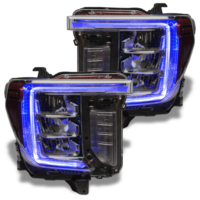 Oracle GMC Sierra 2500/3500 HD RGB+W headlight DRL kit with BC1 controller, showing LED daytime running lights and headlight components.