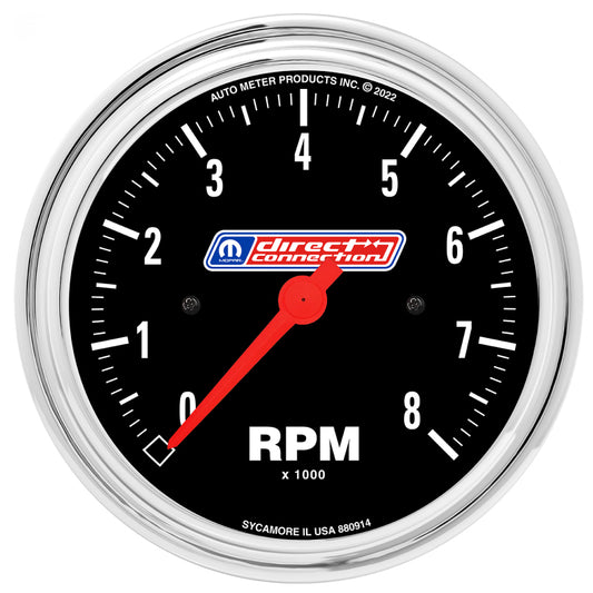 AutoMeter 3-3/8 inch tachometer gauge displaying 0-8,000 RPM for 4, 6, or 8-cylinder Mopar vehicles in dash installation