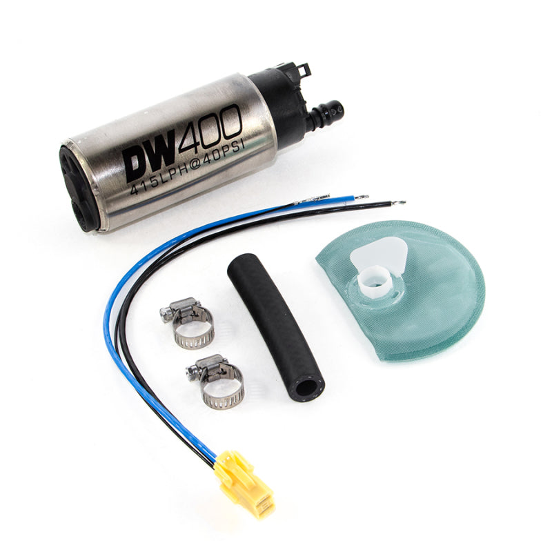 DeatschWerks 415LPH DW400 in-tank fuel pump with install kit for 2005-2010 Ford Mustang, excluding GT500, shown in image.