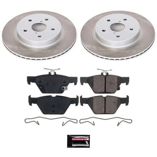 PowerStop rear semi-coated brake rotor kit for 2016-2020 Subaru WRX, showcasing performance brake rotors installed on the vehicle