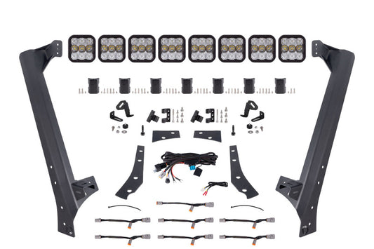 Diode Dynamics Jeep JK SS5 Pro CrossLink Windshield LED lightbar kit with white combo lights mounted on a vehicle windshield.