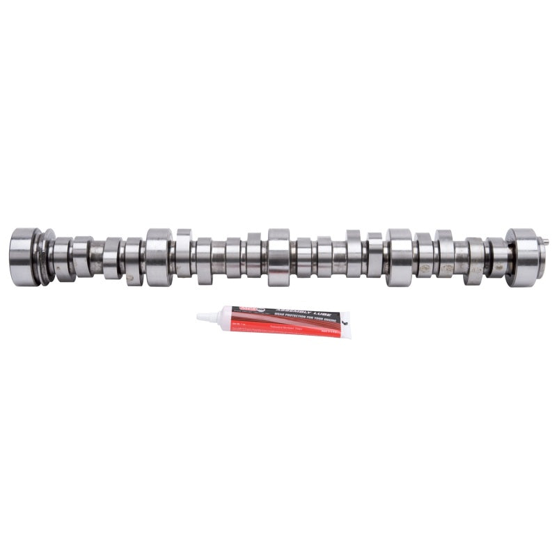 Edelbrock Performer RPM Hyd Roller Camshaft for GM LS1 engine, showing the camshaft with lobes and brand markings.