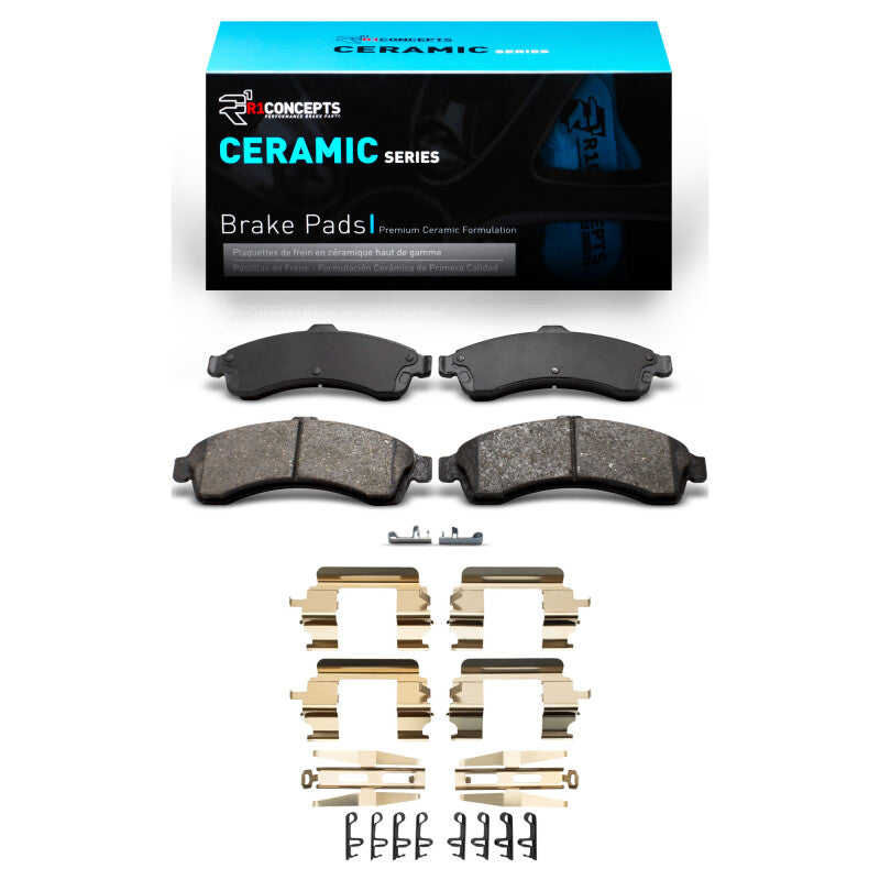 R1 Concepts Buick Rainier front ceramic brake pads and hardware kit showing new OE brake pads with mounting hardware.