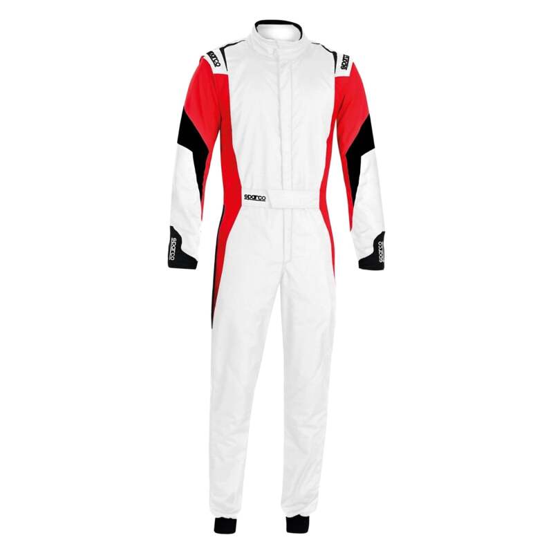 White and red Sparco racing suit for competition, featuring the SPARCO brand logo and race suit design details.