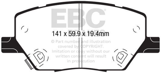 EBC 15+ Fiat 500X 1.4 Turbo Ultimax2 front brake pads, OE quality, showing the black brake pad with metal backing plate.