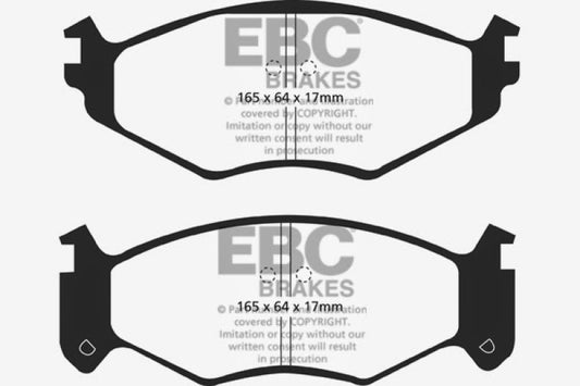 EBC Ultimax2 front brake pads for Chrysler LeBaron 1991-1995, 15-inch OE replacement brake pads, visible metallic backing plates.