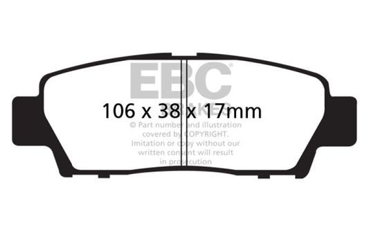 EBC Redstuff rear brake pads for Toyota Avalon 3.0, high-performance brake pads with red friction material, shown in image.