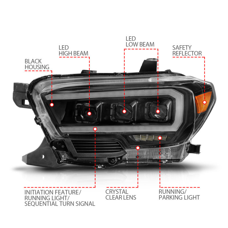 ANZO LED projector headlights with light bar for Toyota Tacoma 2016-2022, black housing, sequential turn signals, stylish and modern.