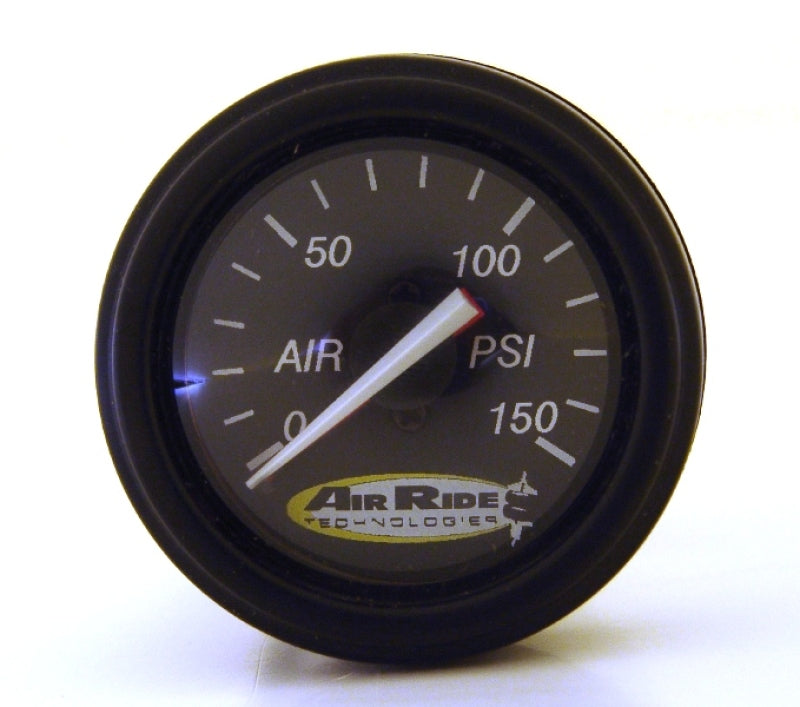 Ridetech dual needle black face air pressure gauge showing 150 PSI with fittings for monitoring vehicle air systems.